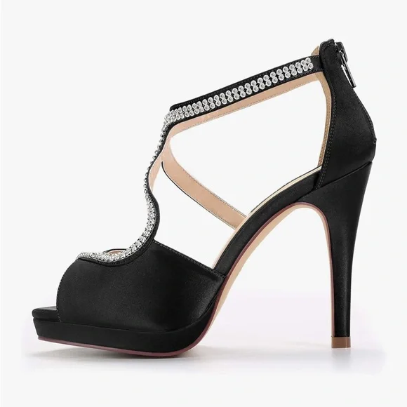 ERIJUNOR High Heels Peep Toe Rhinestone S Strap Prom Wedding Evening Shoes - Picture 3 of 7